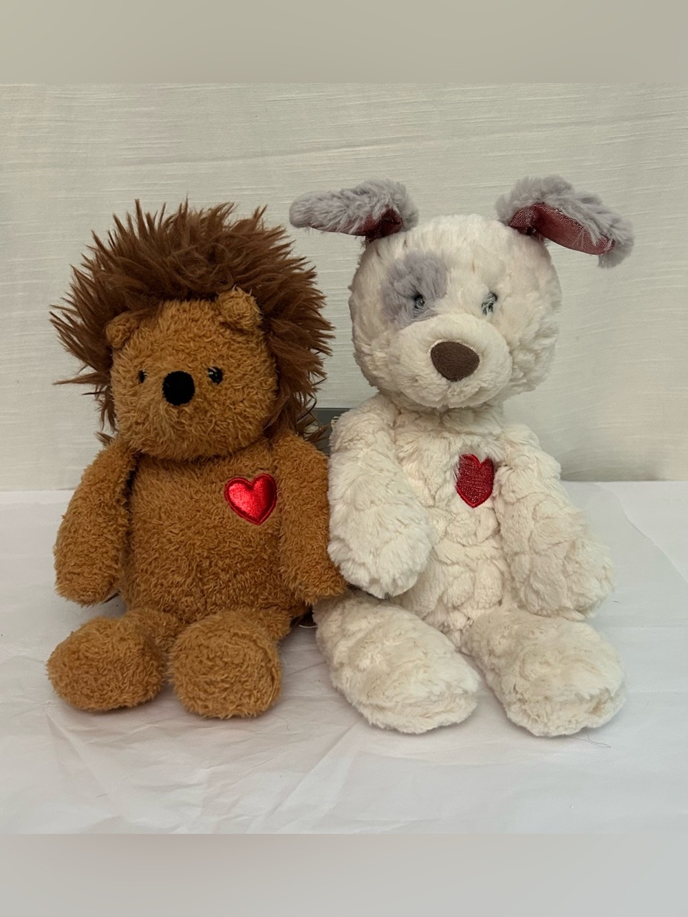 Plush Hedgehog and Mary Meyer Beau Putty Puppy Duo with Red‎ Heart Patches